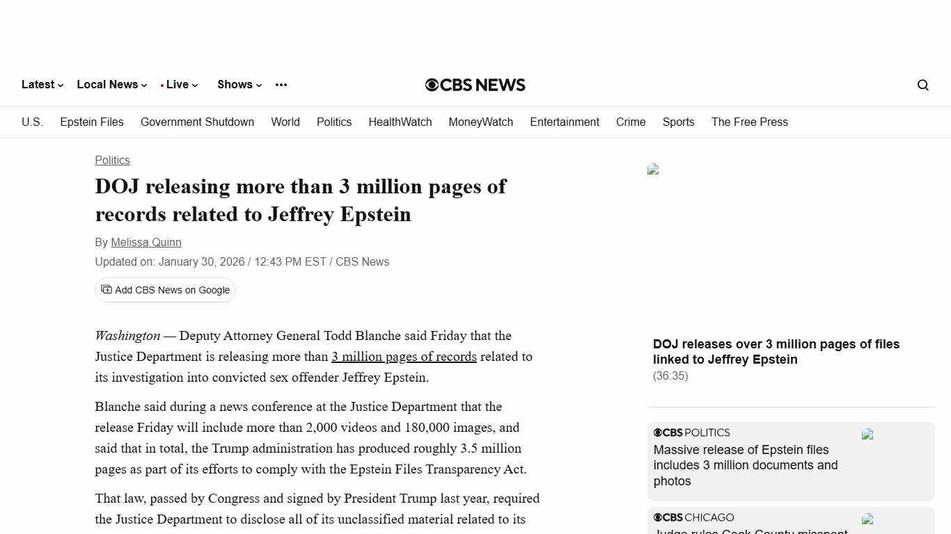 DOJ releasing more than 3 million pages of records related to Jeffrey Epstein - CBS News